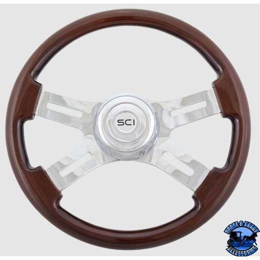 Steering Creations 16'' Classic Mahogany Chrome 4-Spoke W/Slot Cut-Outs Wheel