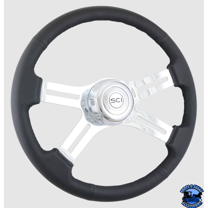380-3003-77502 Steering Creations Classic Leather 18" Black Leather Rim Chrome 4-Spoke Wheel (3-Hole) steering wheel Dark Slate Gray