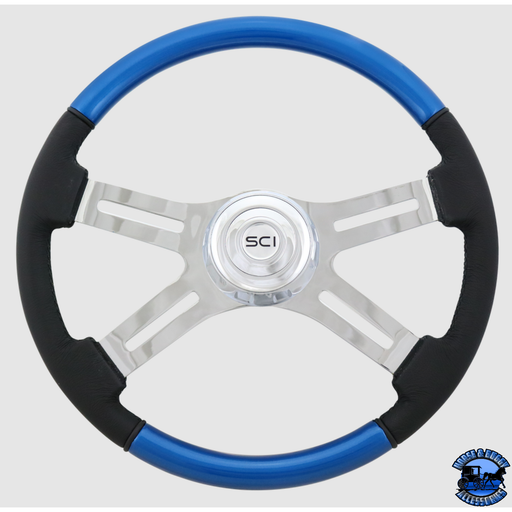 Steering Creations Classic Combo Blue - 18" Wood & Leather Rim 4-Spoke Wheel (3-Hole)