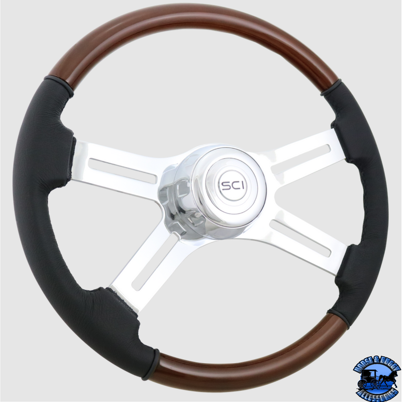 480-3003-77502 Steering Creations Classic Combo Wood and Leather 18" 4-Spoke Wheel (3-Hole) steering wheel Dark Slate Gray