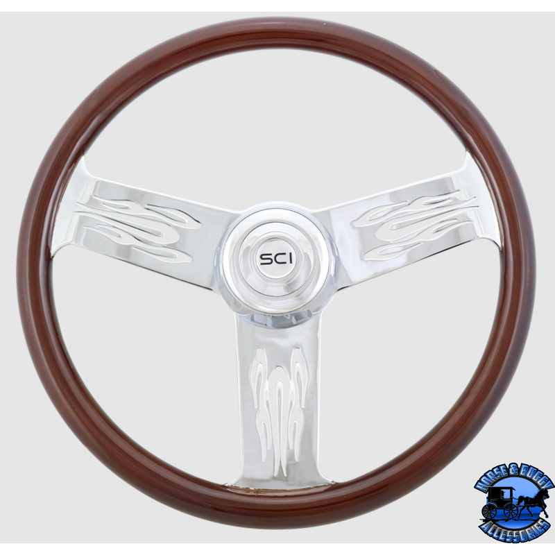 278-3003-77502 Steering Creations Flames Mahogany 18" Wood Rim Chrome 3-Spoke w/Flame Cut Outs Wheel steering wheel Light Gray