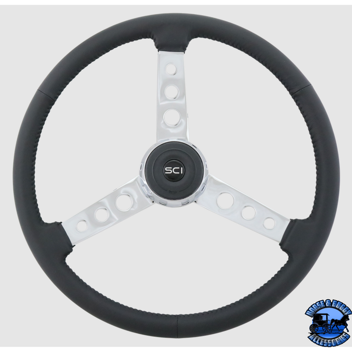 Steering Creations "Old School" 20" Black Leather Rim Chrome 3-Spoke w/Round Cut Outs Wheel