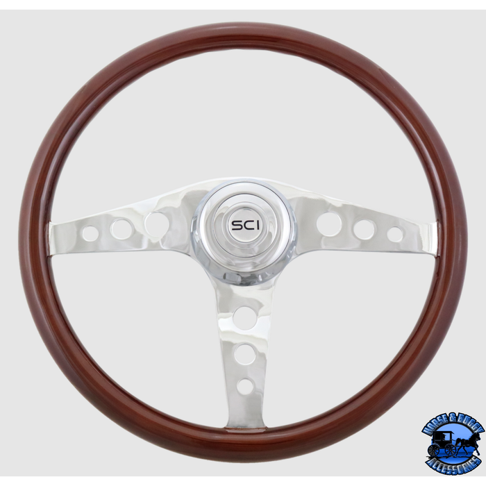 Steering Creations 18'' Racer Mahogany Rim Chrome 3-Spoke Steering Wheel w/ Round Cut Outs