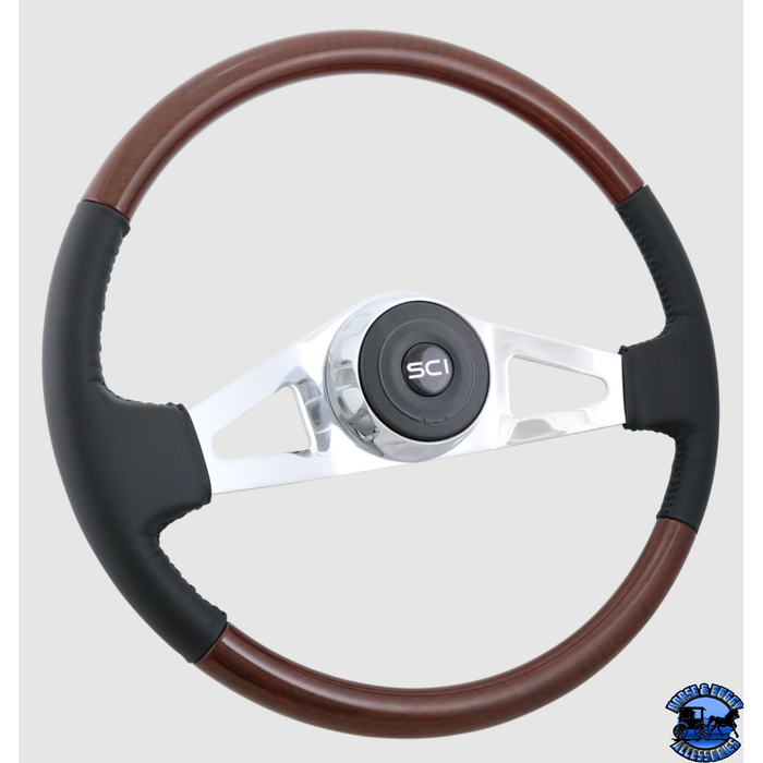 Steering Creations Royal 18" Black Leather & Burl Look Rim 2-Spoke Wheel (3-Hole)