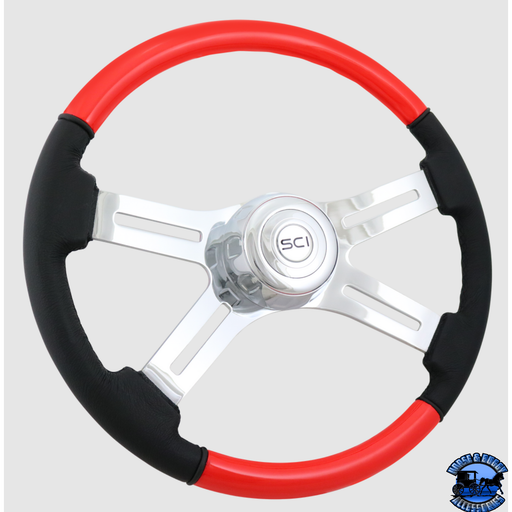 Steering Creations Classic Combo Viper Red 18" Wood & Leather Rim 4-Spoke Wheel (3-Hole)