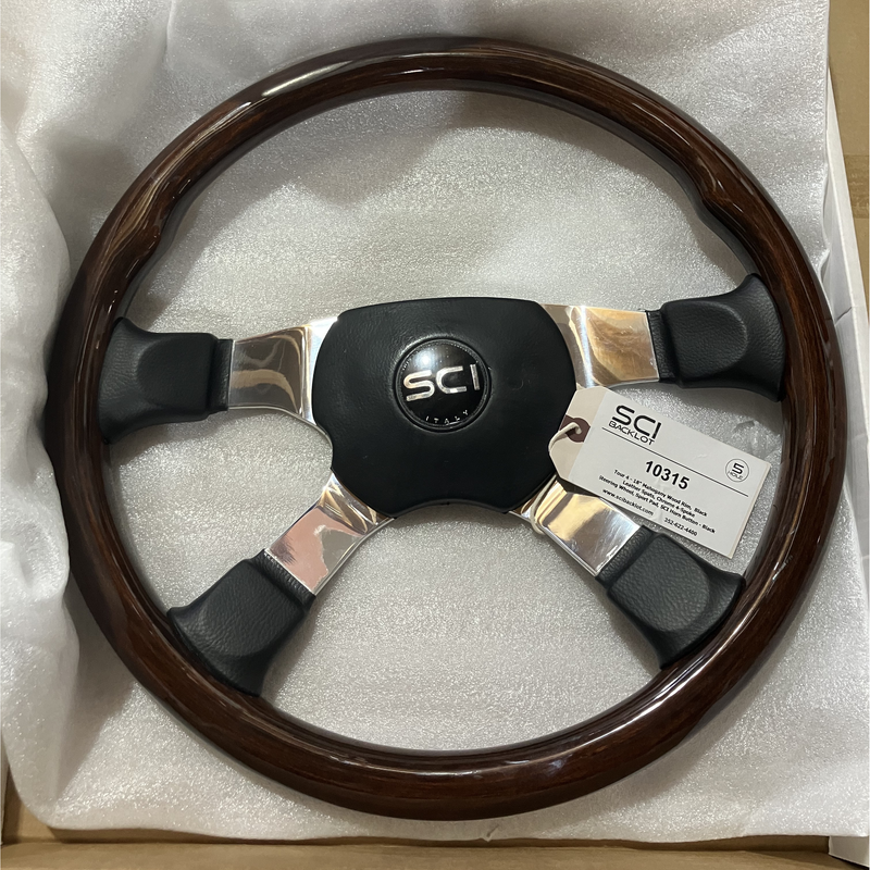 SC-10315 Tour 4-18" Mahogany Wood Rim, Black Leather Spats, Chrome 4-Spoke Steering Wheel, Sport Pad, SCI Horn Button - Black Dark Gray