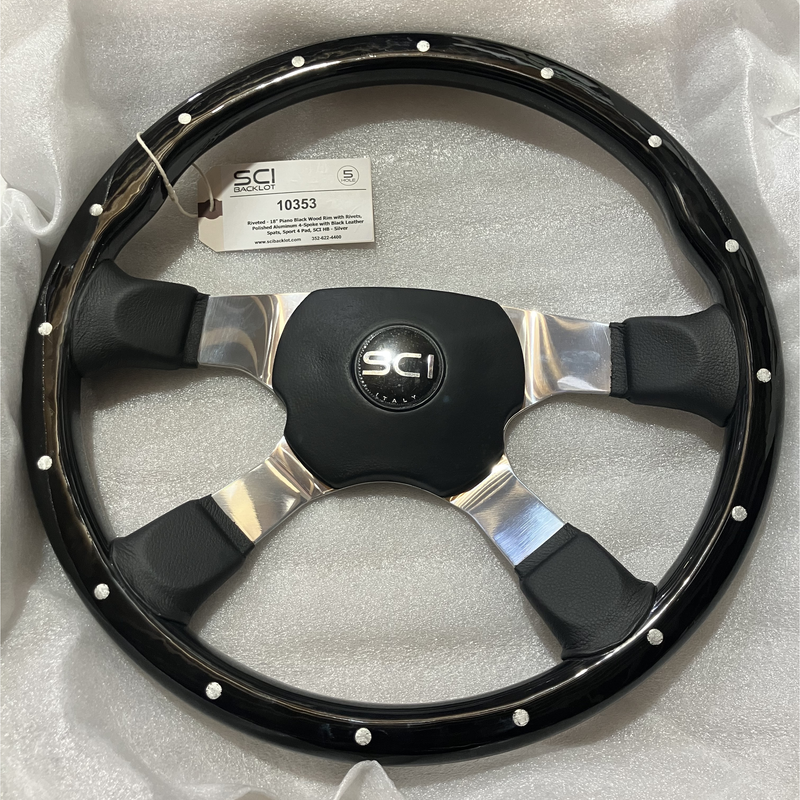 SC-10353 Riveted - 18" Piano Black Wood Rim with Rivets, Polished Aluminum 4-Spoke with Black Leather Spats, Sport 4 Pad - Silver Gray