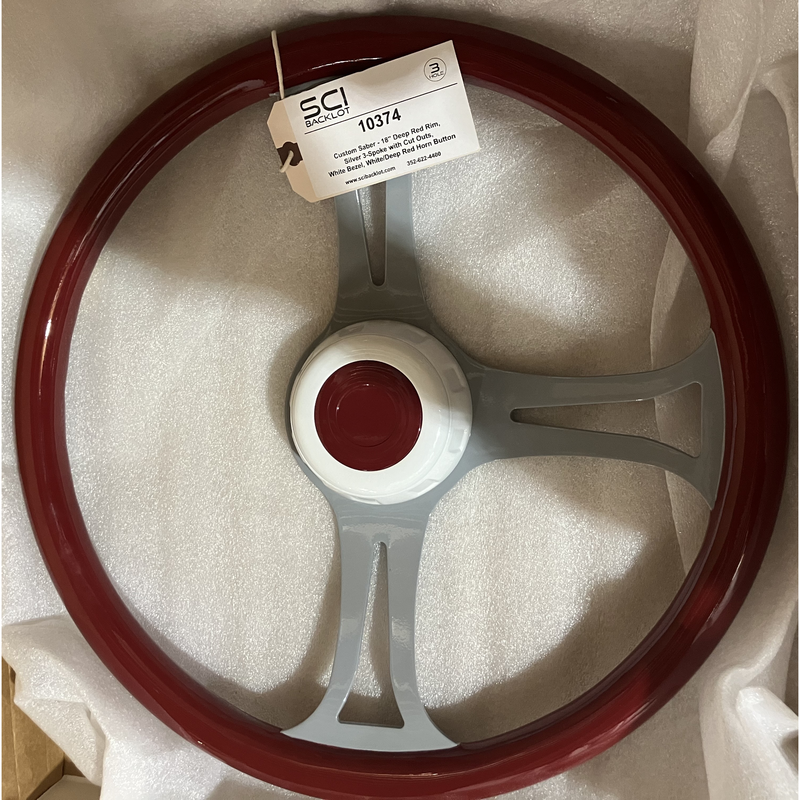 SC-10374 Custom Saber - 18" Deep Red Rim, Silver 3-Spoke with Cut Outs, White Bezel, White/Deep Red Horn Button Dark Gray