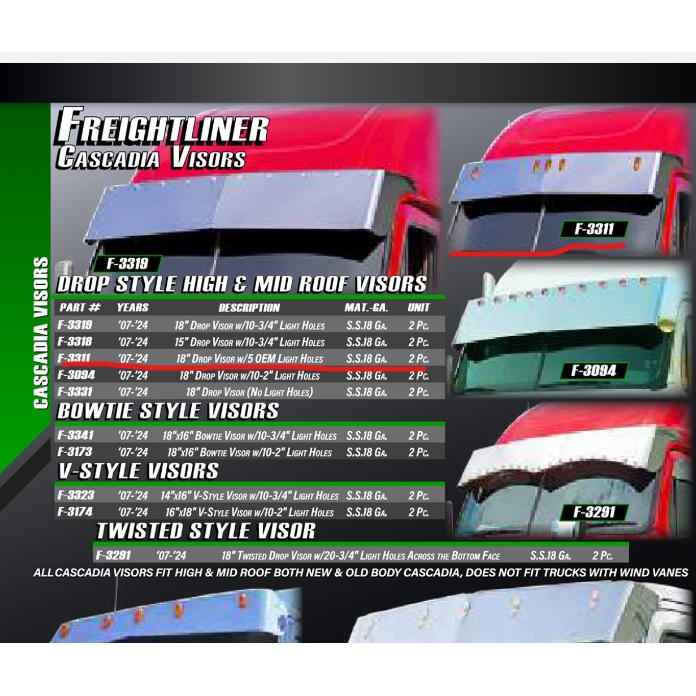 #f-3311 Aranda Freightliner Cascadia (high & mid roof) 18" drop visor (w/5 oem light holes) 2007-2024