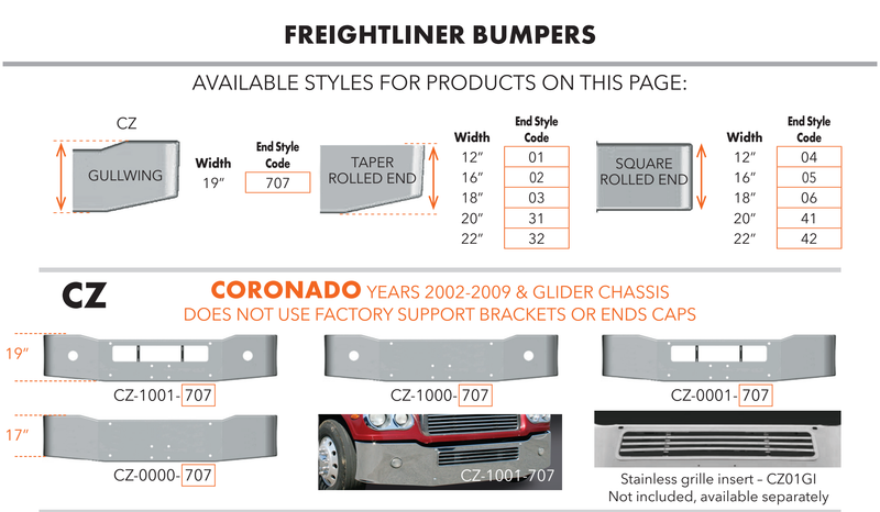 Valley Chrome 2026 catalog - CZ bumper family, dimensions and available end styles