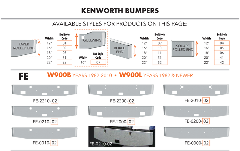 Valley Chrome 2026 catalog - FE bumper family, dimensions and available end styles