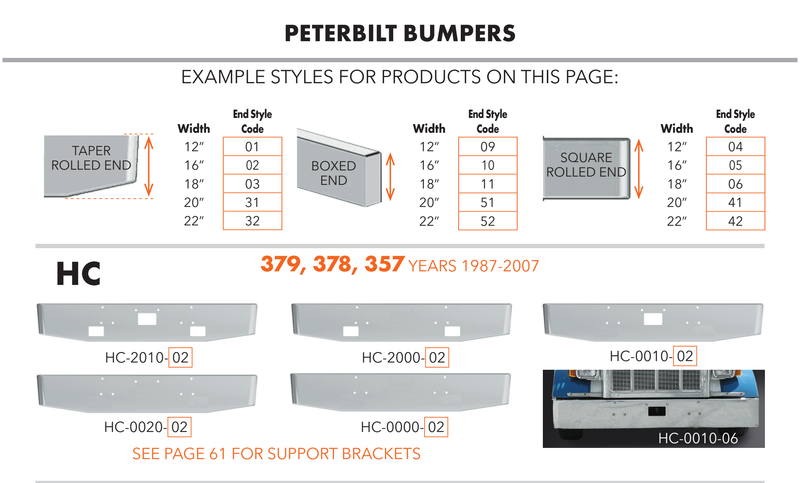 Valley Chrome 2026 catalog - HC bumper family, dimensions and available end styles