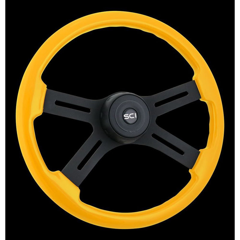 sc-444-3015-77004 18" Classic Yellow Painted Wood Rim w/ Resin Overcoat, Black Powder Coated 4-Spoke w/Slot Cut Outs, Black Textured Bezel, SCI Black Horn Button Goldenrod