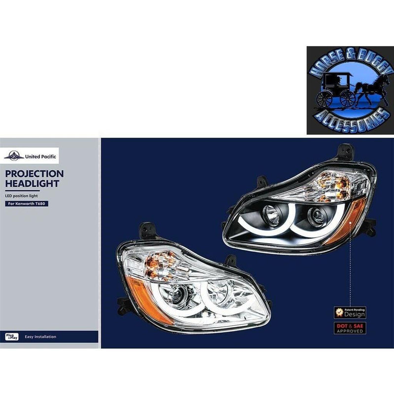Chrome Projection Headlight LED halo Light  2013-2021 Kenworth T680 LIGHTING DRIVER SIDE,PASSENGER SIDE Midnight Blue