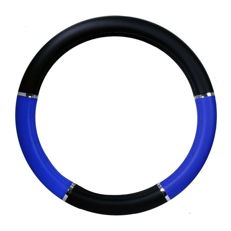 54013 truck universal steering wheel cover 18" inch black leather & blue/chrome 54013 steering wheel Black
