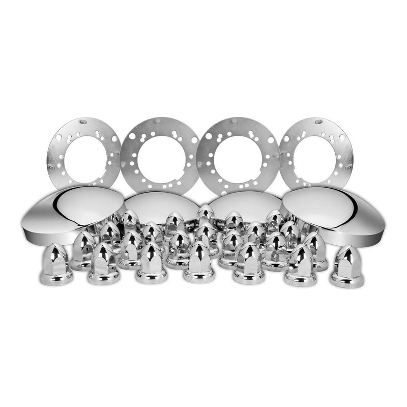 THUB-C5 Complete Trailer Hubcap & Nut Cover Kit – 33mm Push On Nut Covers | Dome Hubcaps | Chrome Metal REAR AXLE COVER Gray